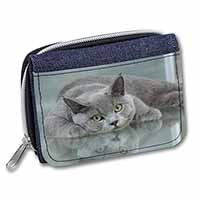 British Blue Cat Laying on Glass Unisex Denim Purse Wallet
