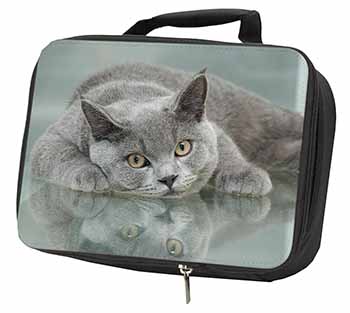 British Blue Cat Laying on Glass Black Insulated School Lunch Box/Picnic Bag