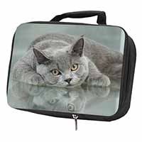 British Blue Cat Laying on Glass Black Insulated School Lunch Box/Picnic Bag