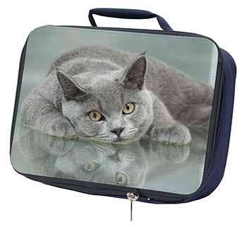 British Blue Cat Laying on Glass Navy Insulated School Lunch Box/Picnic Bag