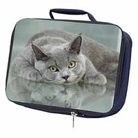 British Blue Cat Laying on Glass Navy Insulated School Lunch Box/Picnic Bag