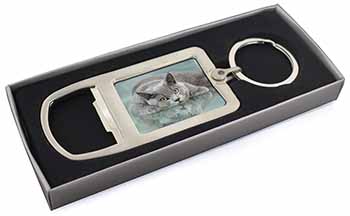 British Blue Cat Laying on Glass Chrome Metal Bottle Opener Keyring in Box