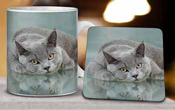 British Blue Cat Laying on Glass Mug and Coaster Set