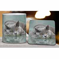 British Blue Cat Laying on Glass Mug and Coaster Set
