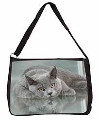 British Blue Cat Laying on Glass Large Black Laptop Shoulder Bag School/College