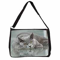 British Blue Cat Laying on Glass Large Black Laptop Shoulder Bag School/College