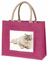 Silver Chinchilla Persian Cat Large Pink Jute Shopping Bag