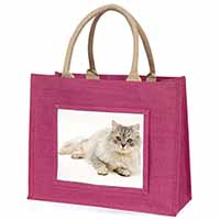 Silver Chinchilla Persian Cat Large Pink Jute Shopping Bag