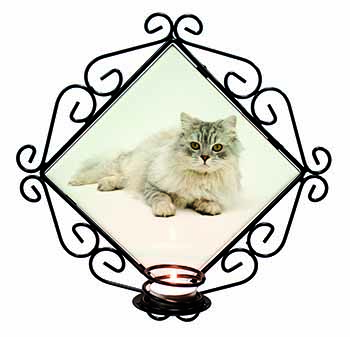 Silver Chinchilla Persian Cat Wrought Iron Wall Art Candle Holder