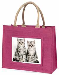 Silver Tabby Kittens Large Pink Jute Shopping Bag