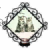 Silver Tabby Kittens Wrought Iron Wall Art Candle Holder