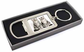 Silver Tabby Kittens Chrome Metal Bottle Opener Keyring in Box