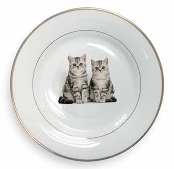 Silver Tabby Kittens Gold Rim Plate Printed Full Colour in Gift Box
