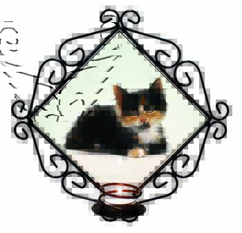 Cute Tortoiseshell Kitten Wrought Iron Wall Art Candle Holder
