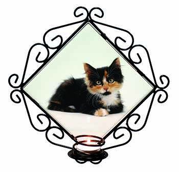 Cute Tortoiseshell Kitten Wrought Iron Wall Art Candle Holder