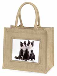 Black and White Cats Natural/Beige Jute Large Shopping Bag