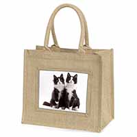 Black and White Cats Natural/Beige Jute Large Shopping Bag