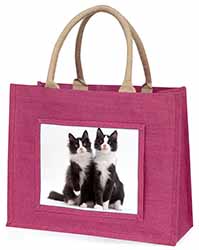 Black and White Cats Large Pink Jute Shopping Bag
