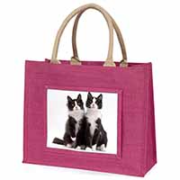 Black and White Cats Large Pink Jute Shopping Bag
