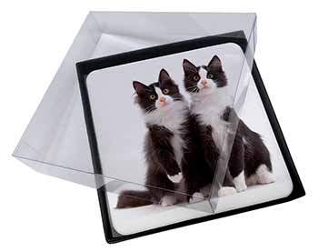 4x Black and White Cats Picture Table Coasters Set in Gift Box