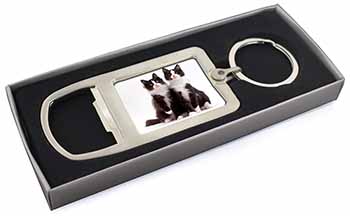 Black and White Cats Chrome Metal Bottle Opener Keyring in Box