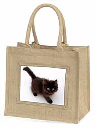 Chocolate Black Kitten Natural/Beige Jute Large Shopping Bag