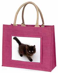 Chocolate Black Kitten Large Pink Jute Shopping Bag