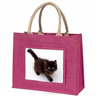 Chocolate Black Kitten Large Pink Jute Shopping Bag