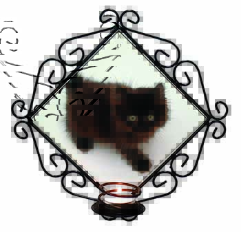 Chocolate Black Kitten Wrought Iron Wall Art Candle Holder