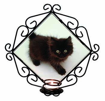 Chocolate Black Kitten Wrought Iron Wall Art Candle Holder