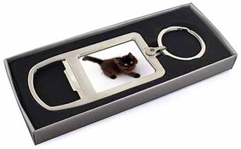 Chocolate Black Kitten Chrome Metal Bottle Opener Keyring in Box