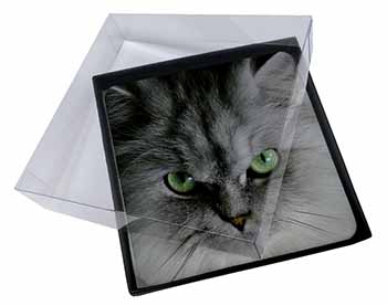 4x Grey Persian Cat Picture Table Coasters Set in Gift Box