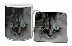 Grey Persian Cat Mug and Coaster Set