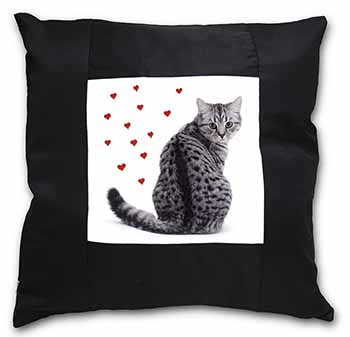 Silver Tabby Cat with Red Hearts Black Satin Feel Scatter Cushion