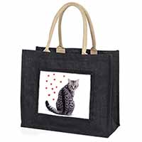Silver Tabby Cat with Red Hearts Large Black Jute Shopping Bag