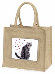 Silver Tabby Cat with Red Hearts Natural/Beige Jute Large Shopping Bag