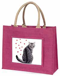 Silver Tabby Cat with Red Hearts Large Pink Jute Shopping Bag