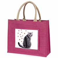 Silver Tabby Cat with Red Hearts Large Pink Jute Shopping Bag