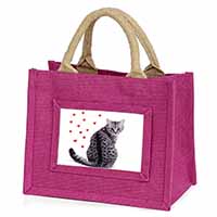 Silver Tabby Cat with Red Hearts Little Girls Small Pink Jute Shopping Bag