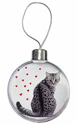 Silver Tabby Cat with Red Hearts Christmas Bauble