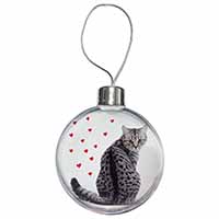 Silver Tabby Cat with Red Hearts Christmas Bauble