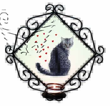 Silver Tabby Cat with Red Hearts Wrought Iron Wall Art Candle Holder