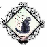Silver Tabby Cat with Red Hearts Wrought Iron Wall Art Candle Holder