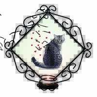 Silver Tabby Cat with Red Hearts Wrought Iron Wall Art Candle Holder