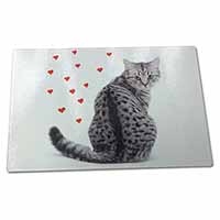 Large Glass Cutting Chopping Board Silver Tabby Cat with Red Hearts