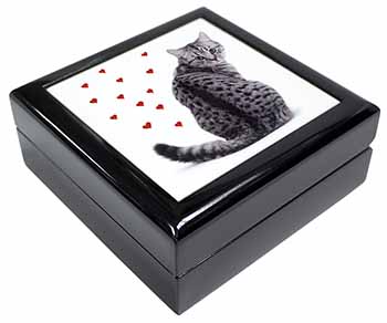 Silver Tabby Cat with Red Hearts Keepsake/Jewellery Box