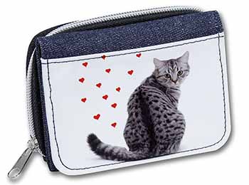 Silver Tabby Cat with Red Hearts Unisex Denim Purse Wallet
