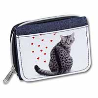 Silver Tabby Cat with Red Hearts Unisex Denim Purse Wallet