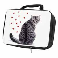 Silver Tabby Cat with Red Hearts Black Insulated School Lunch Box/Picnic Bag