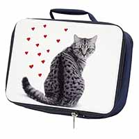 Silver Tabby Cat with Red Hearts Navy Insulated School Lunch Box/Picnic Bag